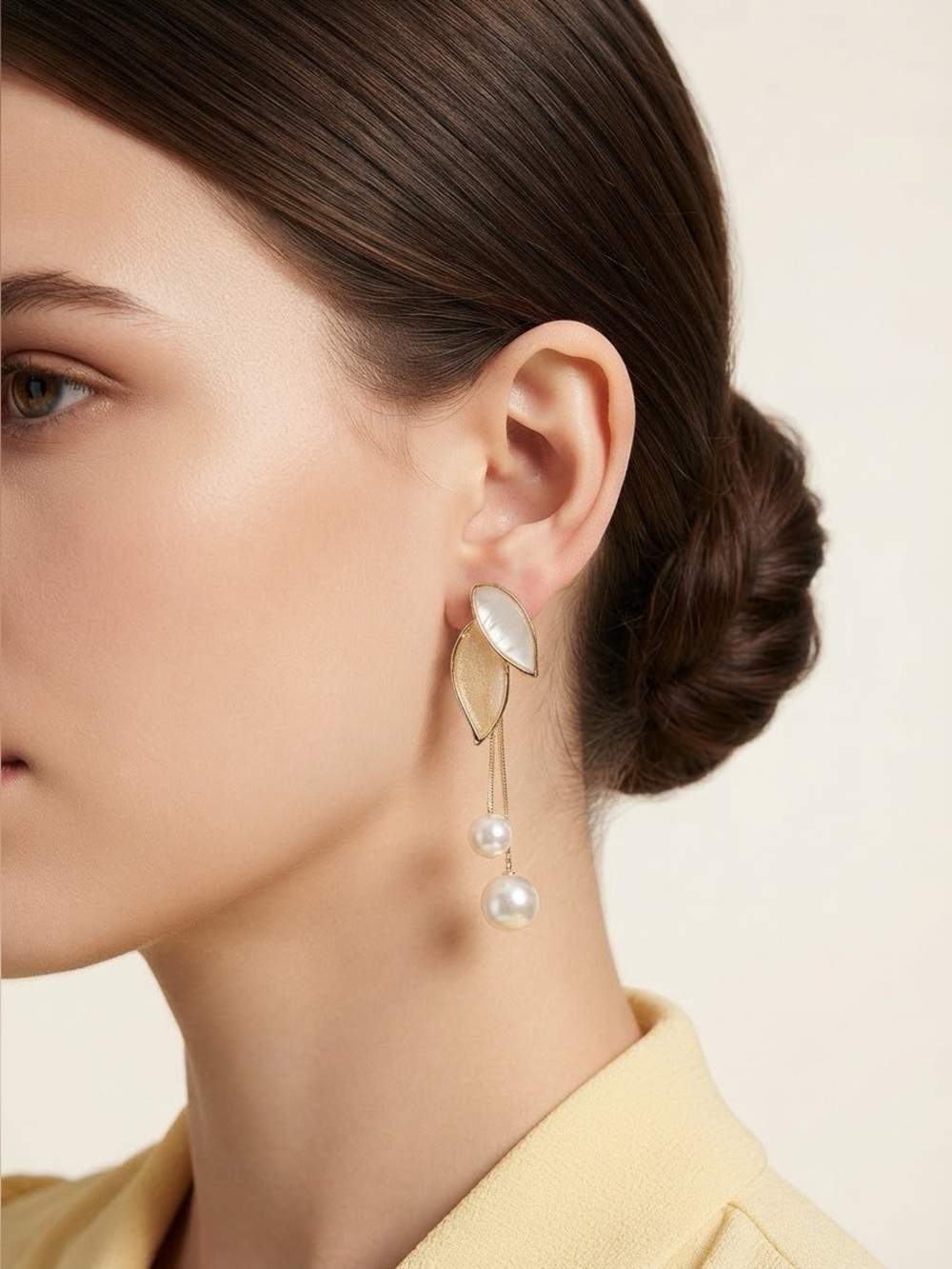 Golden Leaf Cascade Earrings with Faux Pearl Drops – Elegant Statement